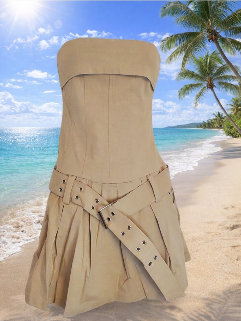 Strapless Belted Khaki Dress. NWT. Sizes Available XS - Picture 5 of 5